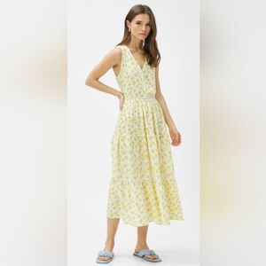 Koton Sleeveless Yellow Floral V-Neck Tiered Maxi Dress